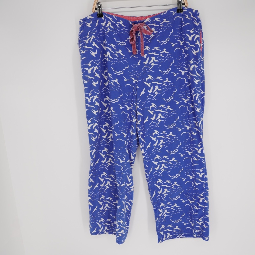 Boden Cotton Pajama Pants Womens 16 Blue Seagull Velvet Drawstring Comfy Pockets